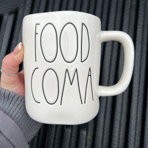 Rae Dunn white coffee mug with black writing "Food Coma"